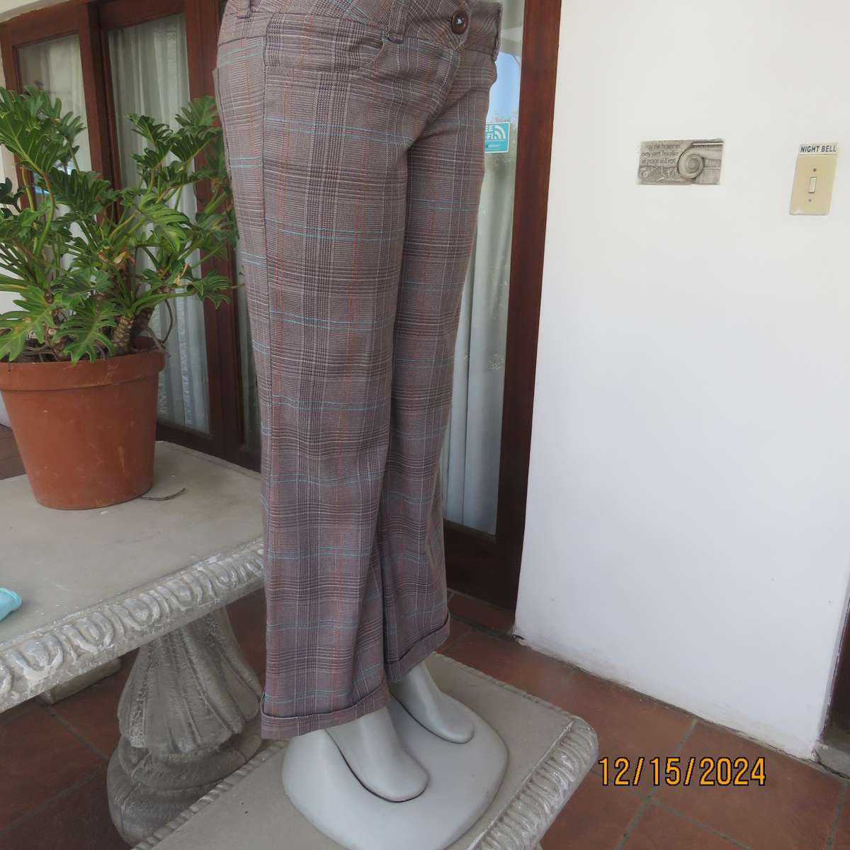 Tartan check bootcut woven poly-rayon pants in autumn colours. Size 34