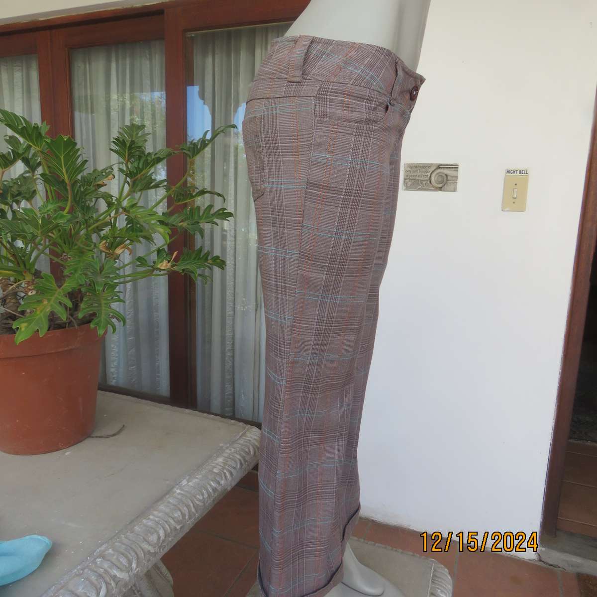 Tartan check bootcut woven poly-rayon pants in autumn colours. Size 34