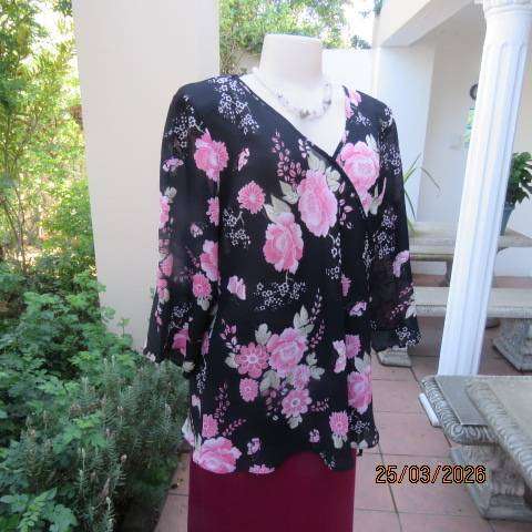 NEW ERA black polyester slip-over top with pink floral design, size 44