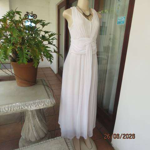 White long fine stretch polyester netting dress with lining, gathered bust, size 36