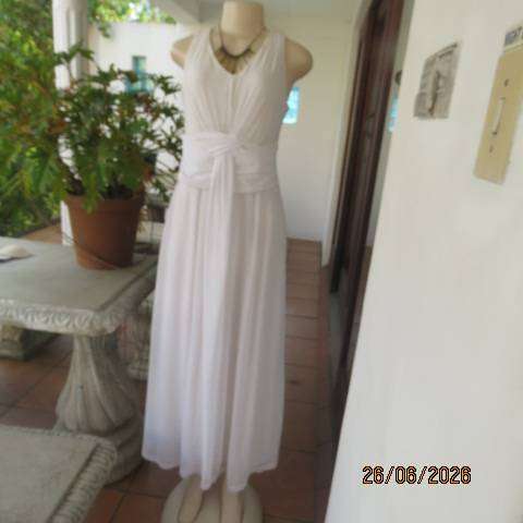 White long fine stretch polyester netting dress with lining, gathered bust, size 36