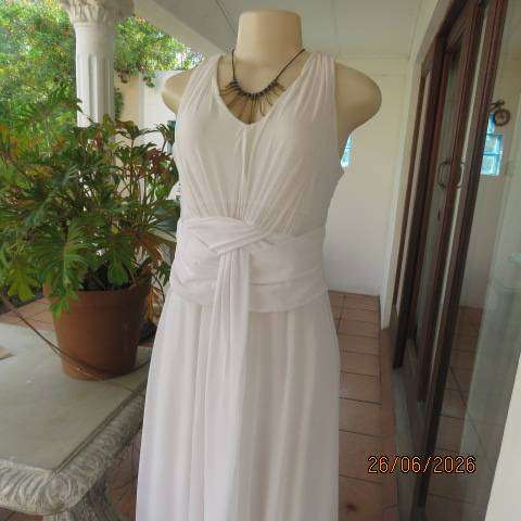 White long fine stretch polyester netting dress with lining, gathered bust, size 36
