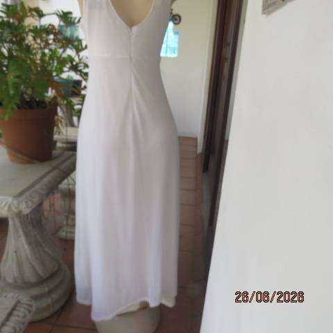 White long fine stretch polyester netting dress with lining, gathered bust, size 36