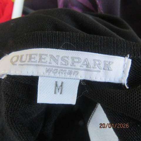 QUEENSPARK viscose-nylon blend black-white-silver striped top with floral decoration Size 38