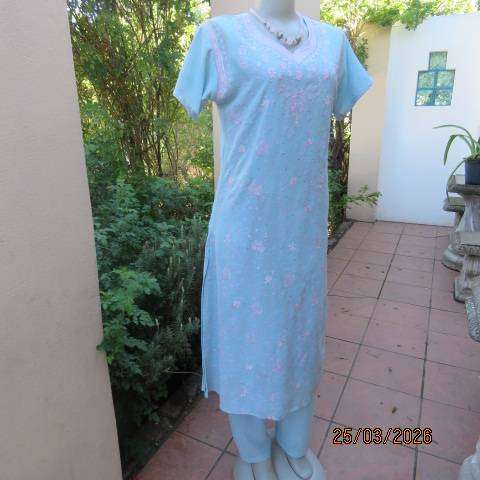 Aquamarine 3-Piece Outfit from India - Textured Wash & Wear Embroidered Polyester, Size 36