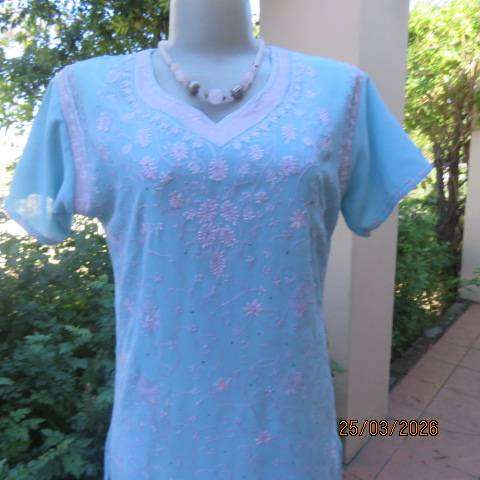 Aquamarine 3-Piece Outfit from India - Textured Wash & Wear Embroidered Polyester, Size 36
