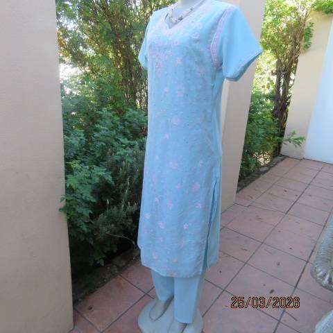 Aquamarine 3-Piece Outfit from India - Textured Wash & Wear Embroidered Polyester, Size 36