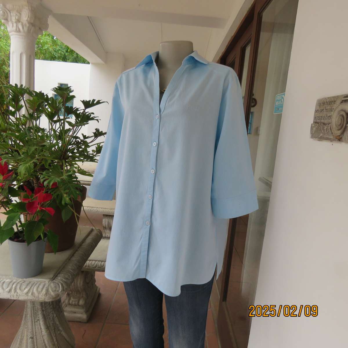 PRINGLE of Scotland  aqua-white striped shirt. Button down-open collar.Elbow sleeves.Size 38.