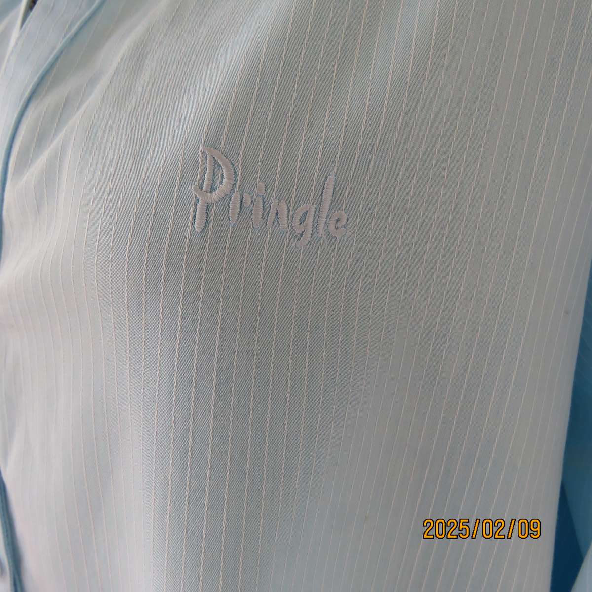 PRINGLE of Scotland  aqua-white striped shirt. Button down-open collar.Elbow sleeves.Size 38.