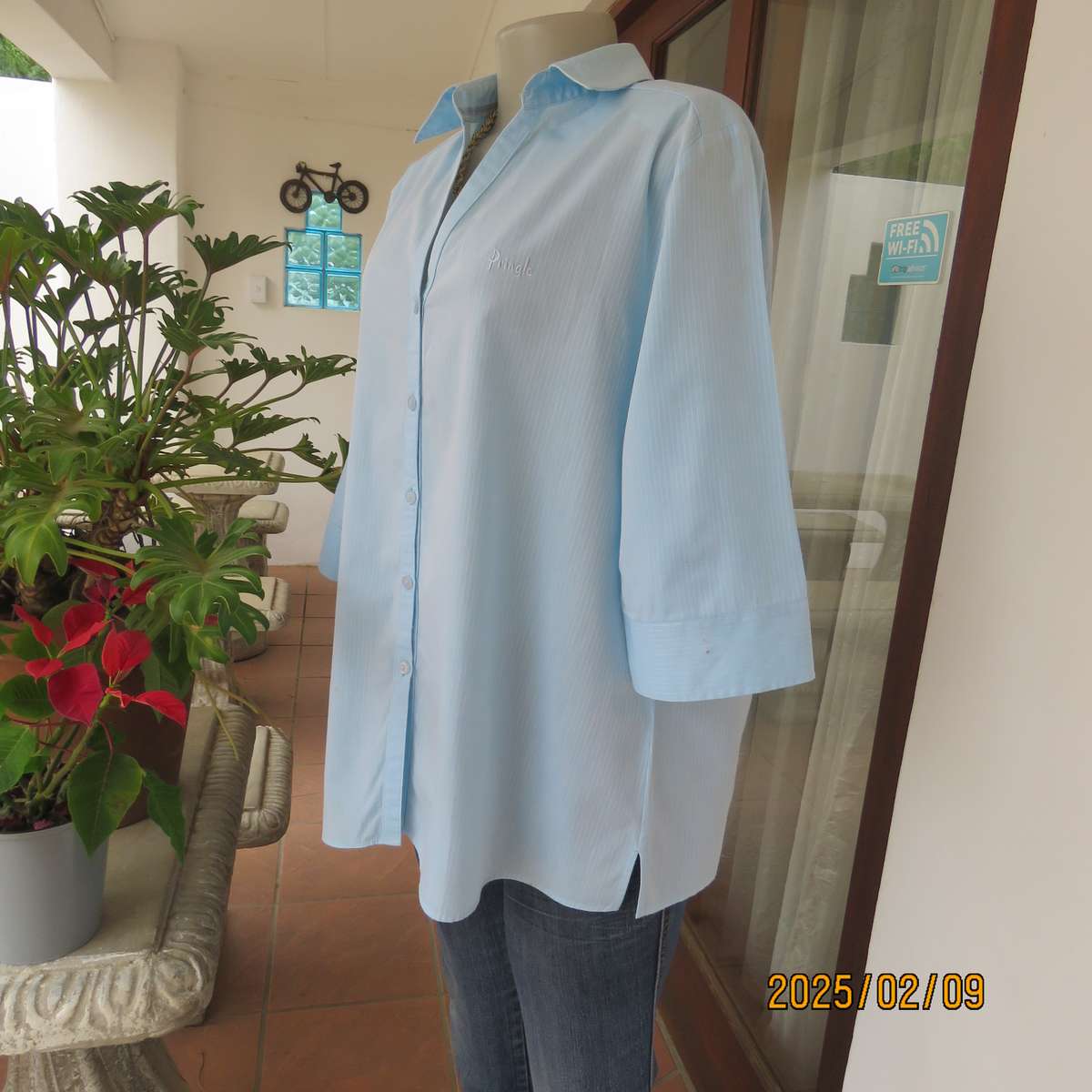 PRINGLE of Scotland  aqua-white striped shirt. Button down-open collar.Elbow sleeves.Size 38.