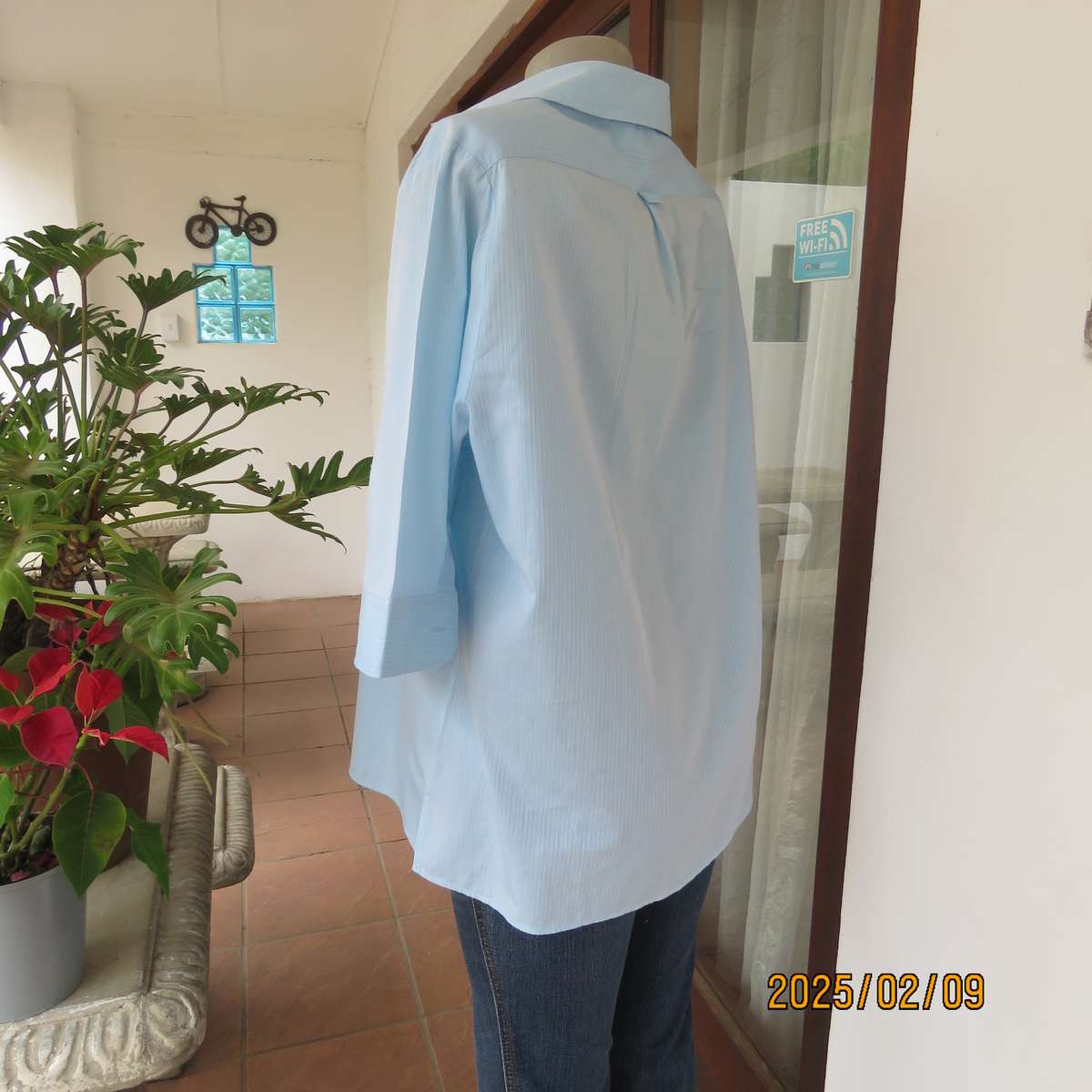 PRINGLE of Scotland  aqua-white striped shirt. Button down-open collar.Elbow sleeves.Size 38.