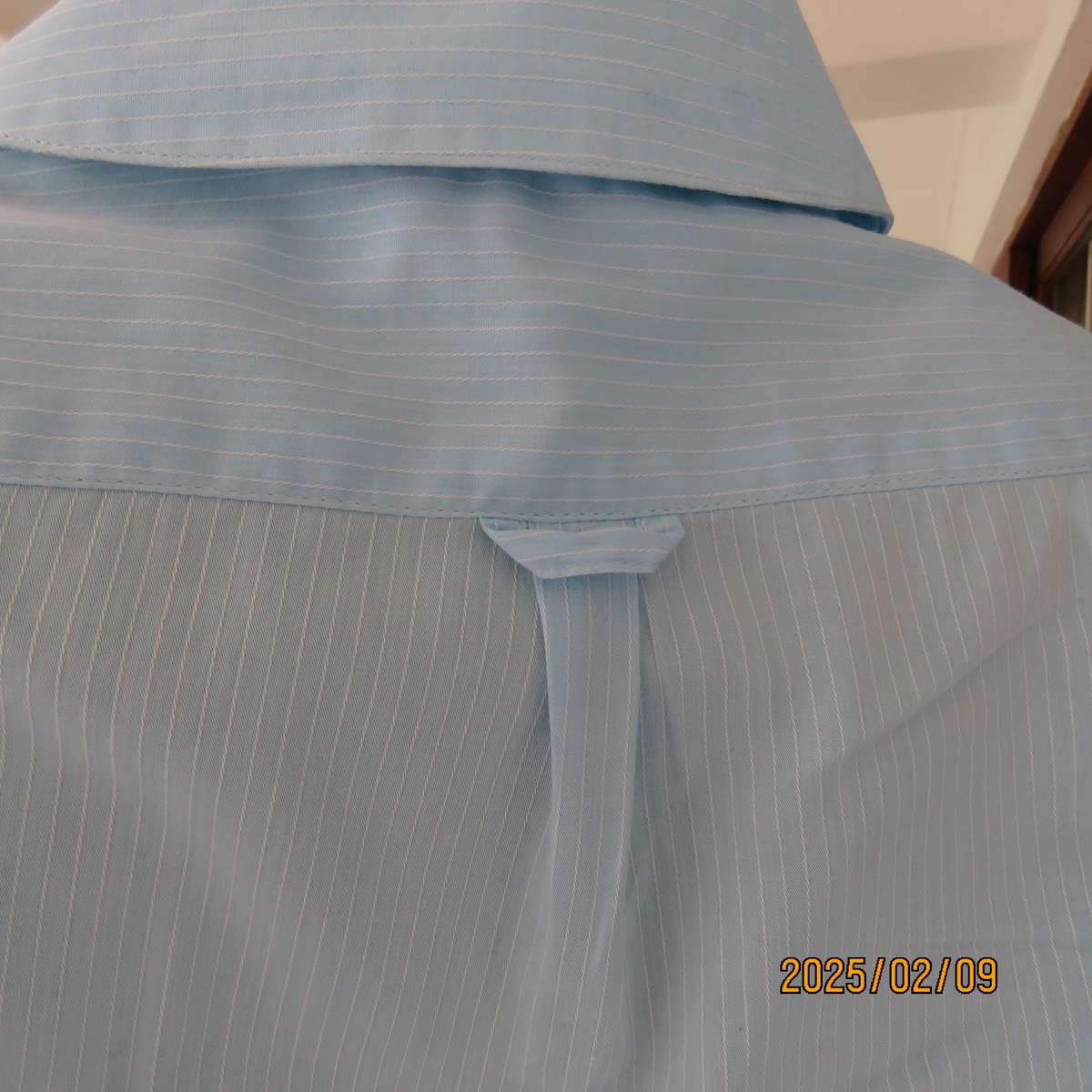 PRINGLE of Scotland  aqua-white striped shirt. Button down-open collar.Elbow sleeves.Size 38.