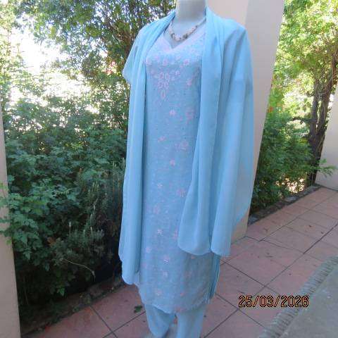 Aquamarine 3-Piece Outfit from India - Textured Wash & Wear Embroidered Polyester, Size 36