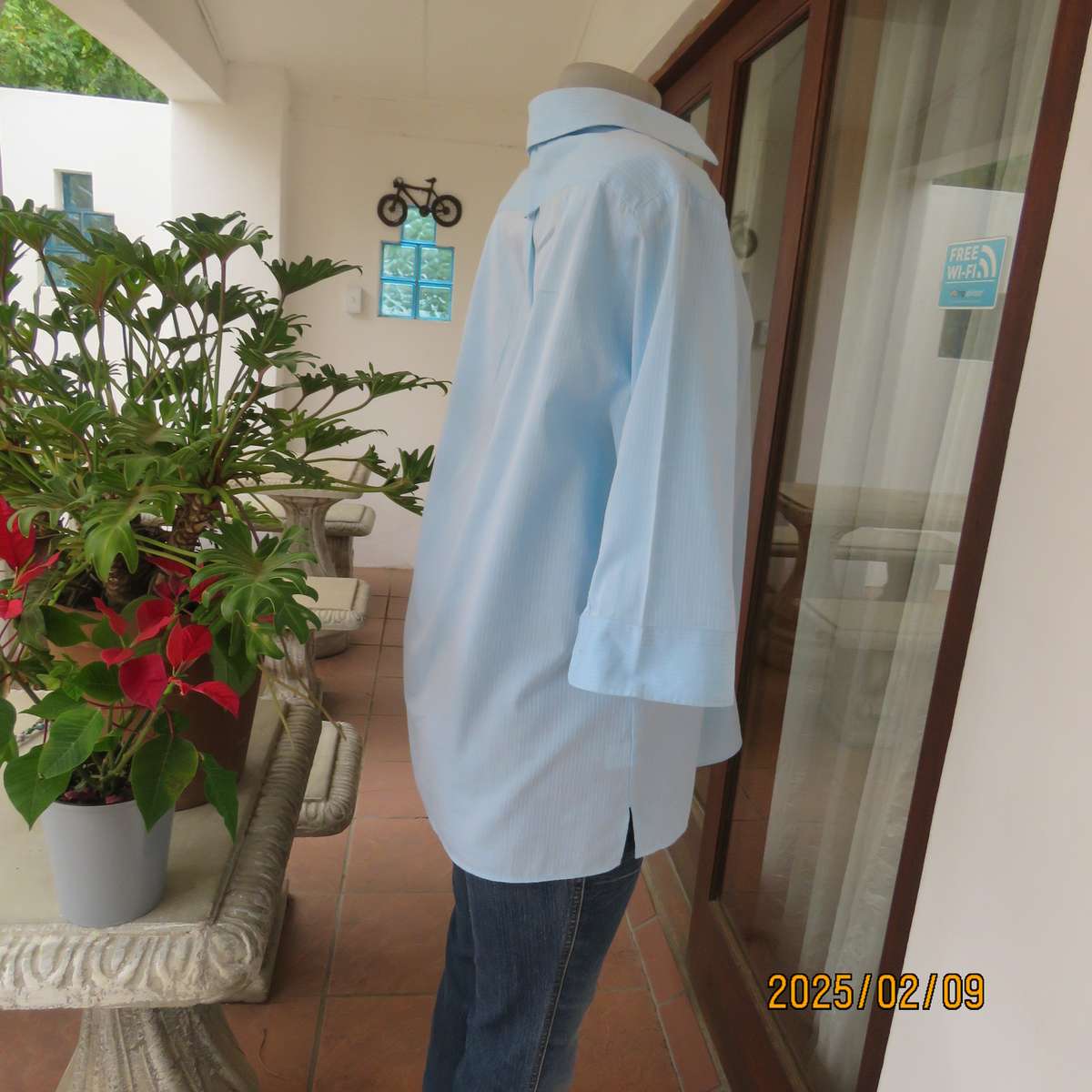 PRINGLE of Scotland  aqua-white striped shirt. Button down-open collar.Elbow sleeves.Size 38.