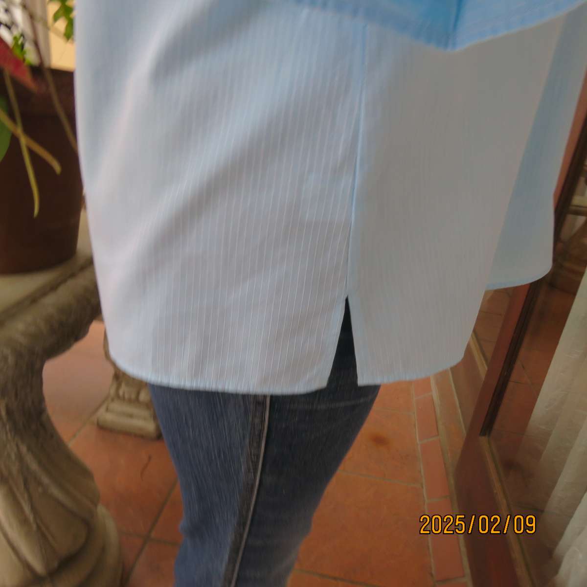 PRINGLE of Scotland  aqua-white striped shirt. Button down-open collar.Elbow sleeves.Size 38.