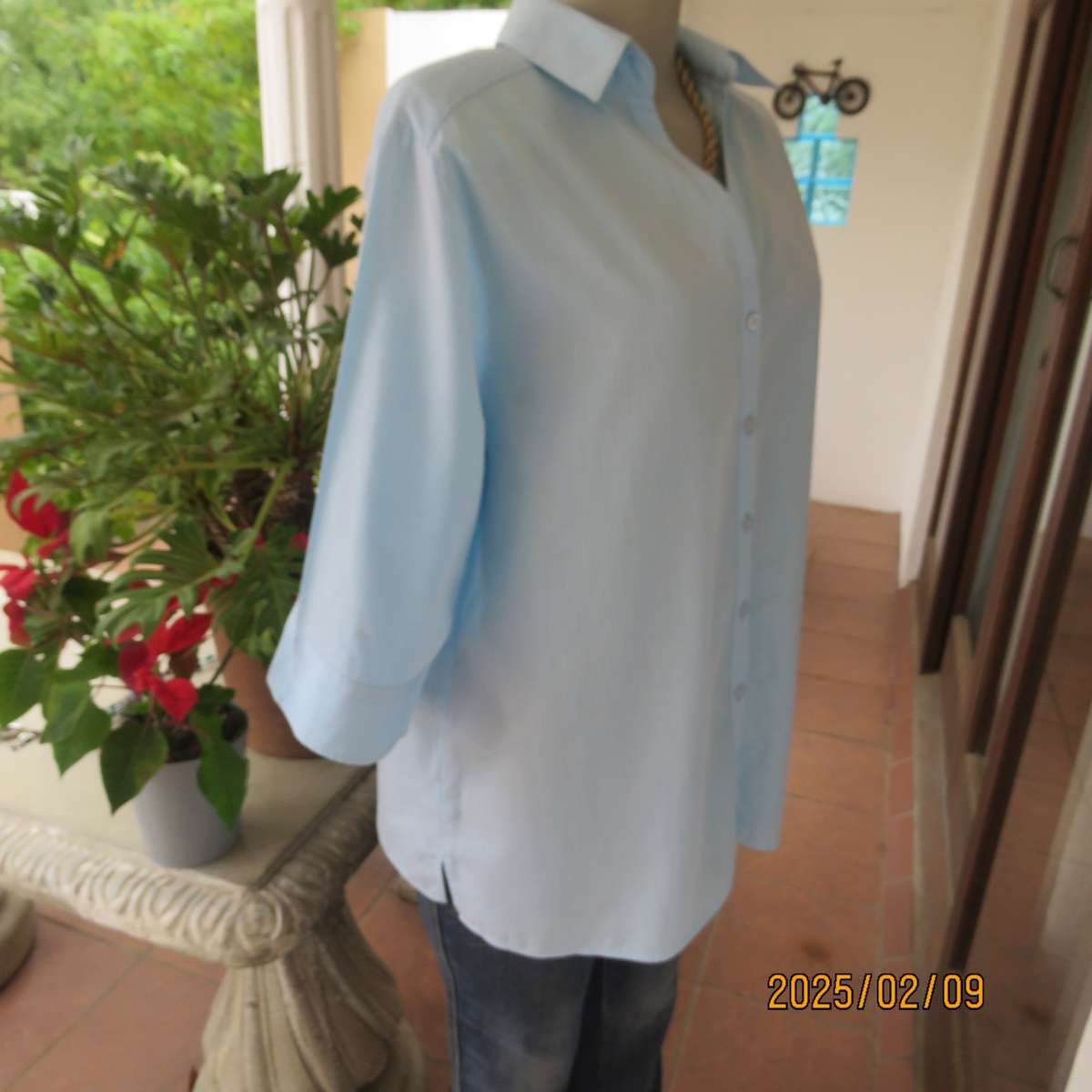 PRINGLE of Scotland  aqua-white striped shirt. Button down-open collar.Elbow sleeves.Size 38.