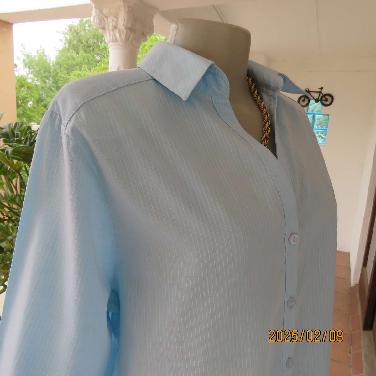 PRINGLE of Scotland  aqua-white striped shirt. Button down-open collar.Elbow sleeves.Size 38.