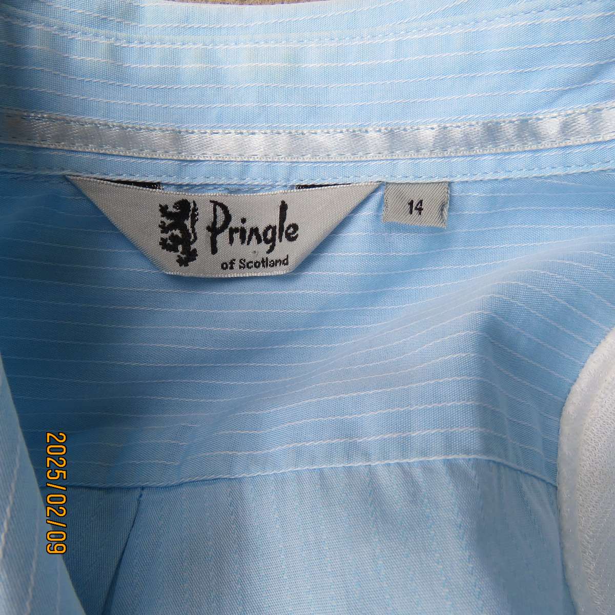 PRINGLE of Scotland  aqua-white striped shirt. Button down-open collar.Elbow sleeves.Size 38.