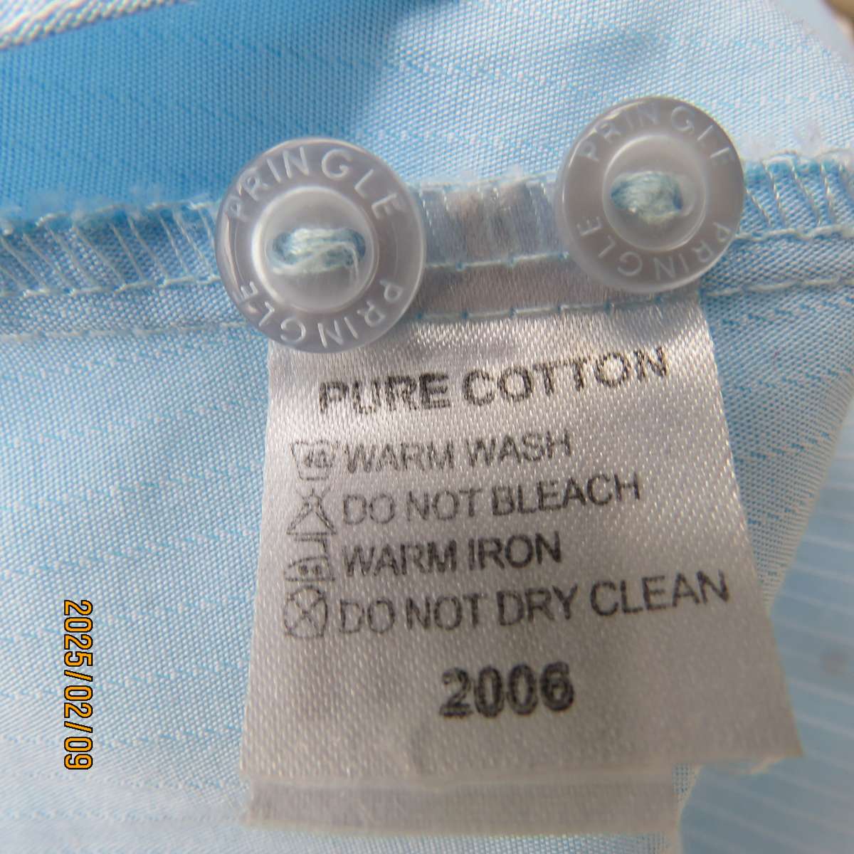PRINGLE of Scotland  aqua-white striped shirt. Button down-open collar.Elbow sleeves.Size 38.