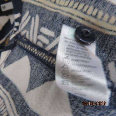 RT men's navy, white & mustard vertical patterned viscose short sleeve shirt, size small