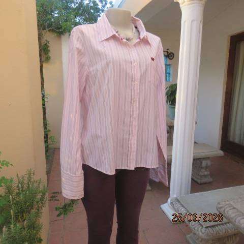 White polycotton long sleeve shirt with pink and maroon stripes, size 40