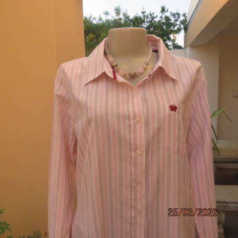 White polycotton long sleeve shirt with pink and maroon stripes, size 40