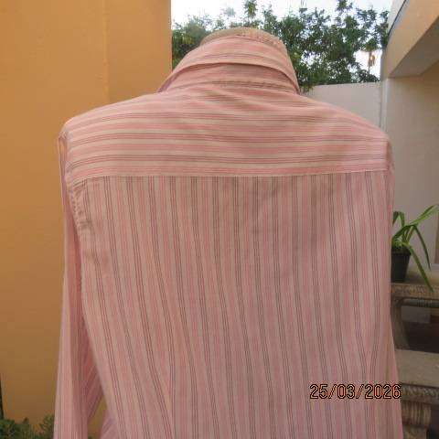 White polycotton long sleeve shirt with pink and maroon stripes, size 40