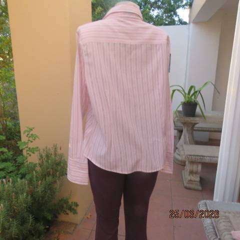 White polycotton long sleeve shirt with pink and maroon stripes, size 40
