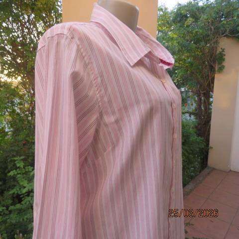 White polycotton long sleeve shirt with pink and maroon stripes, size 40