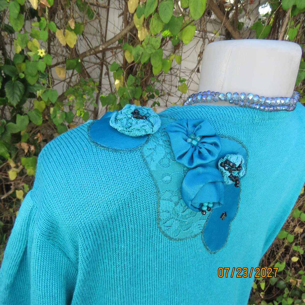 Jade long acrylic knit sweater with luxury applique-embellishment and fabric flowers. Size 50