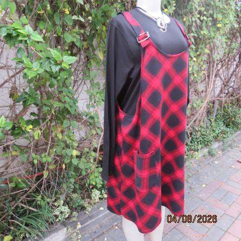 Red and black stretch polycotton pinafore with front buckles and pockets, size 40-44