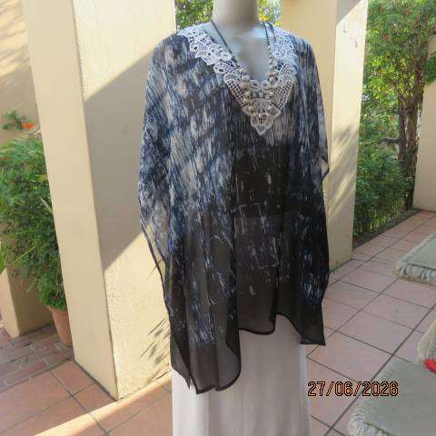 Navy, white & black sheer polyester box cut top with lace V neckline, size 44-50