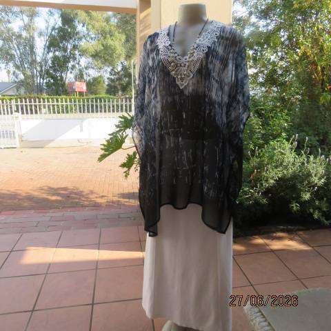 Navy, white & black sheer polyester box cut top with lace V neckline, size 44-50