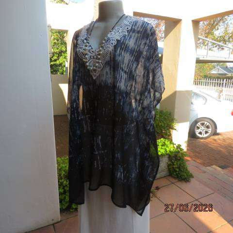 Navy, white & black sheer polyester box cut top with lace V neckline, size 44-50