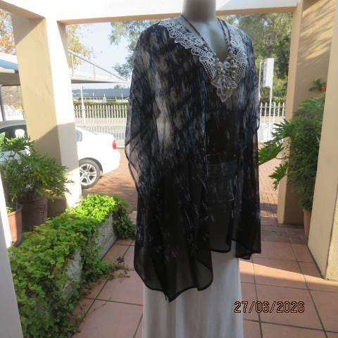 Navy, white & black sheer polyester box cut top with lace V neckline, size 44-50
