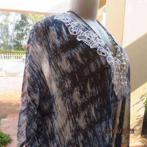 Navy, white & black sheer polyester box cut top with lace V neckline, size 44-50