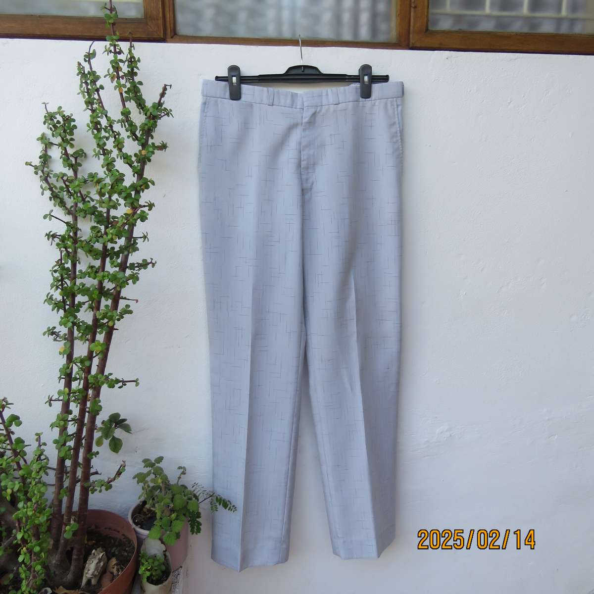 Men's cool summer pants in light grey-blue polyester with darker stripe design. Size 36. As new