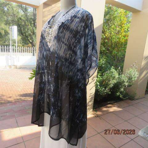 Navy, white & black sheer polyester box cut top with lace V neckline, size 44-50