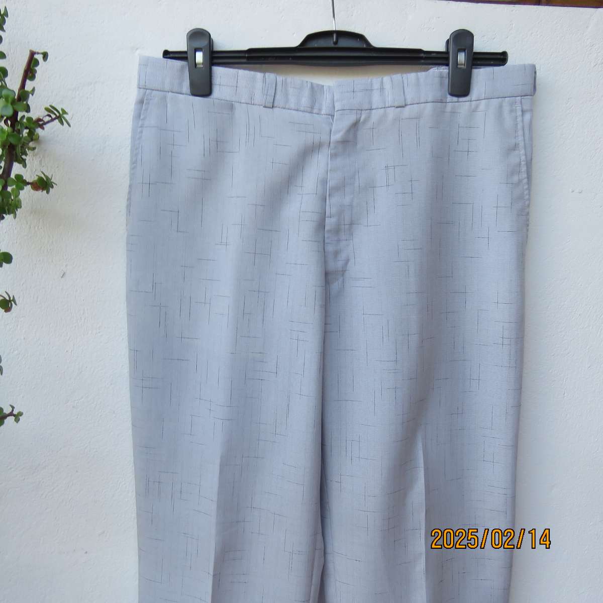 Men's cool summer pants in light grey-blue polyester with darker stripe design. Size 36. As new
