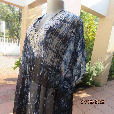 Navy, white & black sheer polyester box cut top with lace V neckline, size 44-50