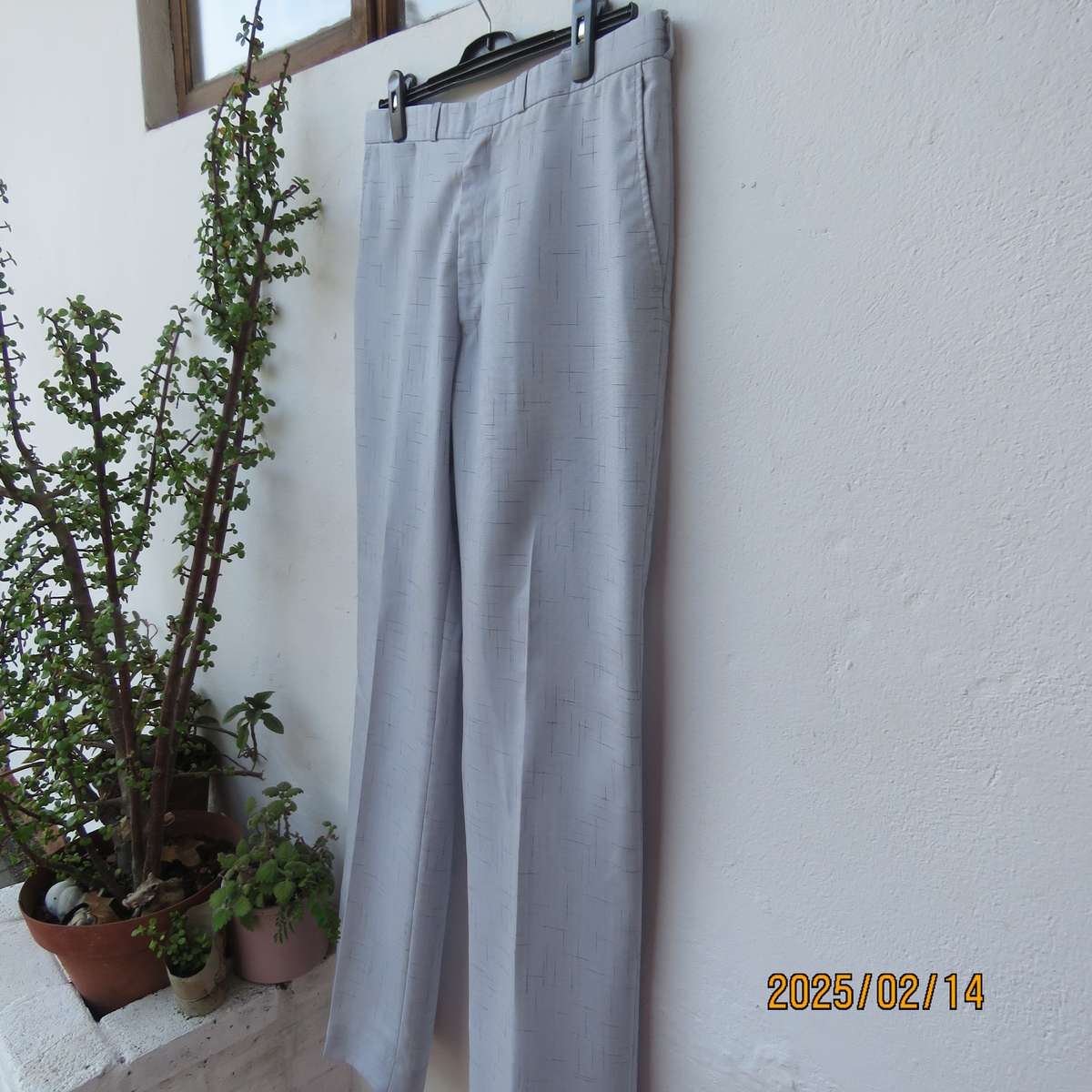 Men's cool summer pants in light grey-blue polyester with darker stripe design. Size 36. As new