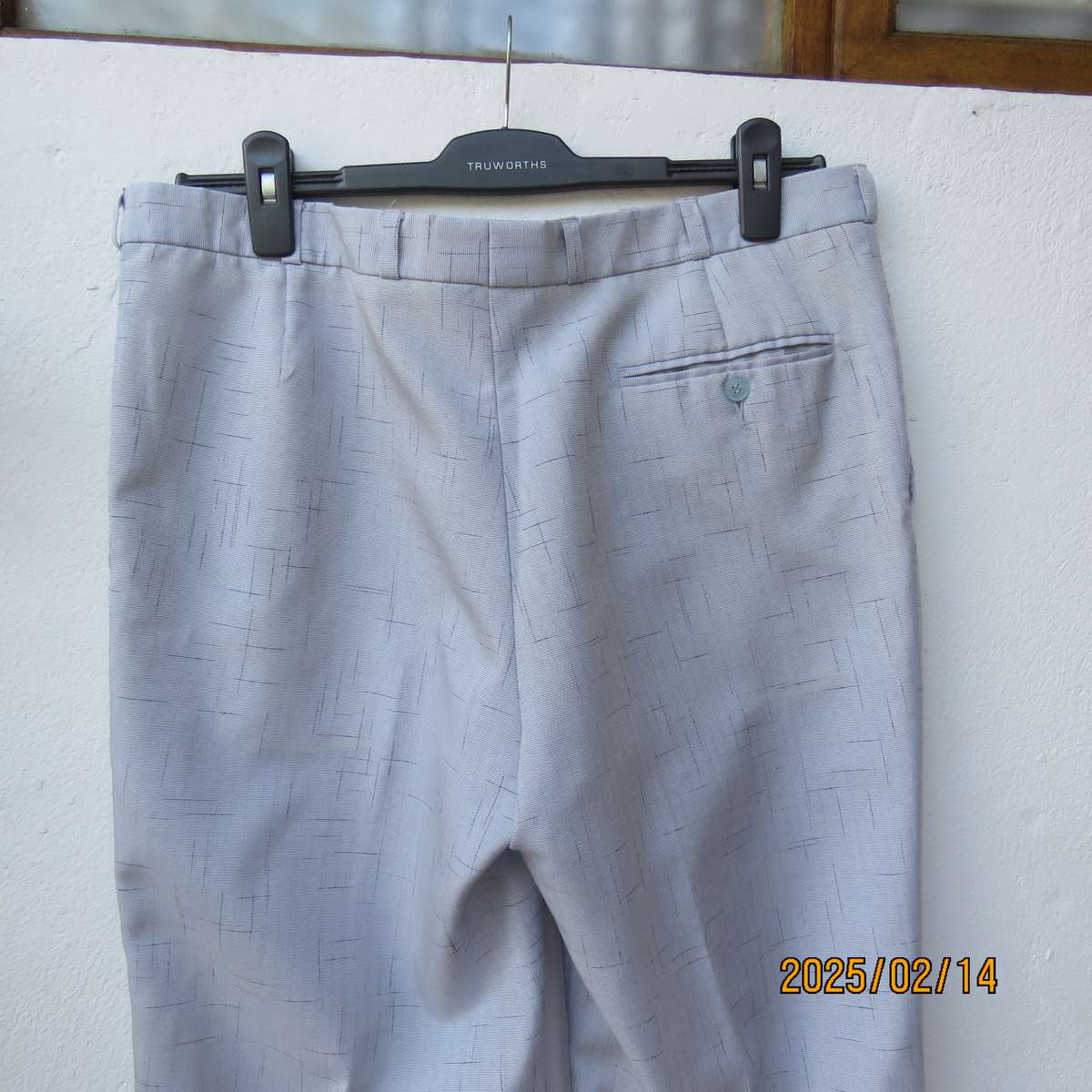 Men's cool summer pants in light grey-blue polyester with darker stripe design. Size 36. As new