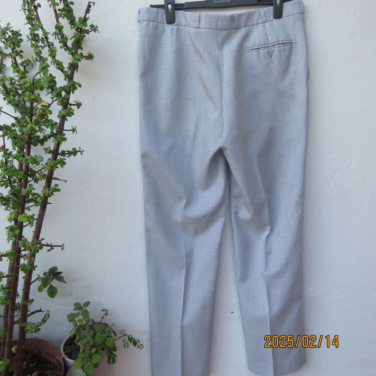 Men's cool summer pants in light grey-blue polyester with darker stripe design. Size 36. As new