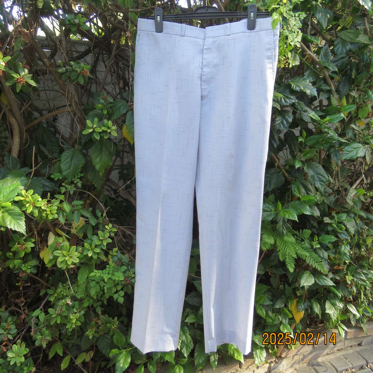 Men's cool summer pants in light grey-blue polyester with darker stripe design. Size 36. As new