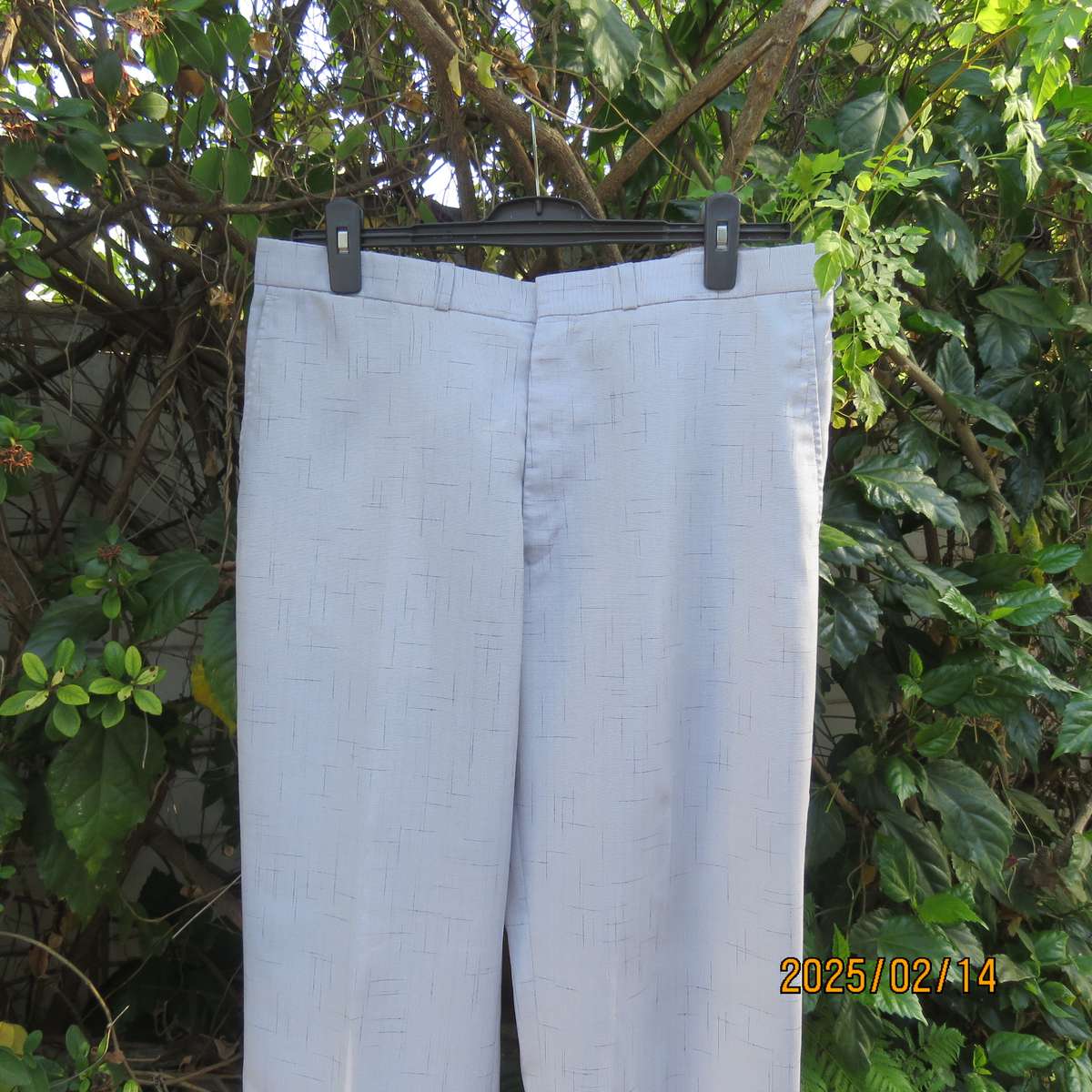 Men's cool summer pants in light grey-blue polyester with darker stripe design. Size 36. As new