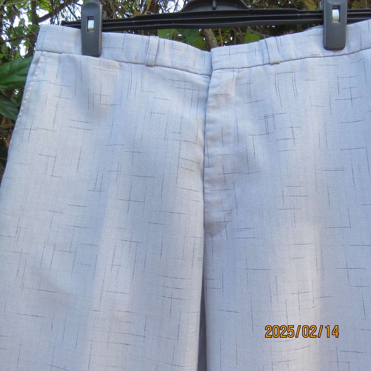 Men's cool summer pants in light grey-blue polyester with darker stripe design. Size 36. As new