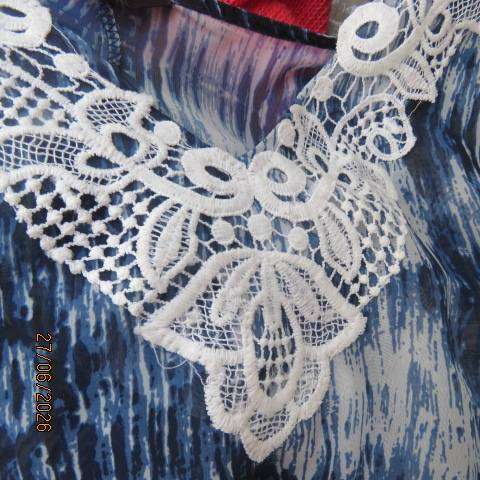 Navy, white & black sheer polyester box cut top with lace V neckline, size 44-50