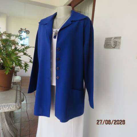 Royal blue long sleeve elegant jacket with 4 button closure, open collar & 2 pockets, size 40