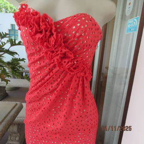 BIACCI Italian make red broderie anglaise evening dress with cream lining. Size 32