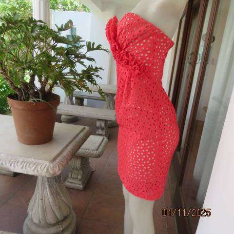 BIACCI Italian make red broderie anglaise evening dress with cream lining. Size 32